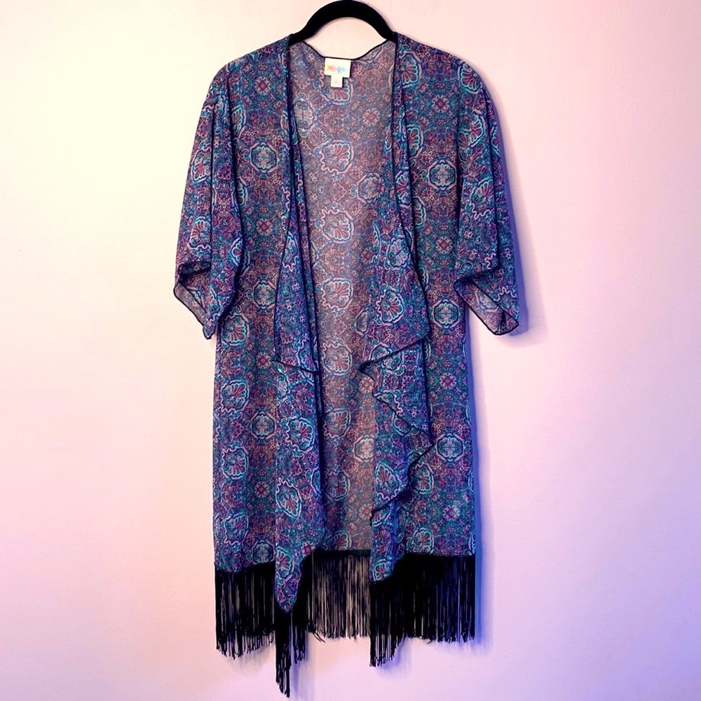 LulaRoe Women’s Open Front, Short Sleeve, Fringe, Kimono, Cover-up, Size Small